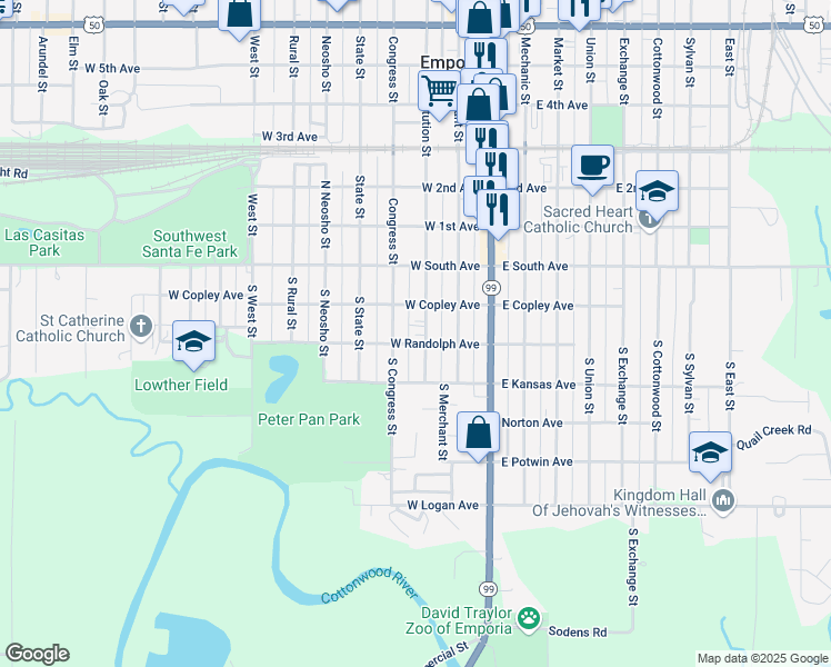 map of restaurants, bars, coffee shops, grocery stores, and more near 127 South Constitution Street in Emporia