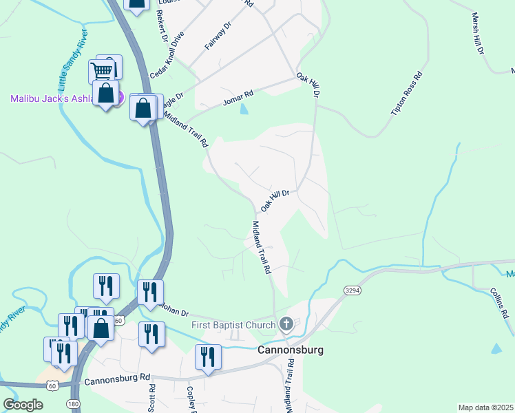 map of restaurants, bars, coffee shops, grocery stores, and more near 9535 Oak Hill Drive in Ashland