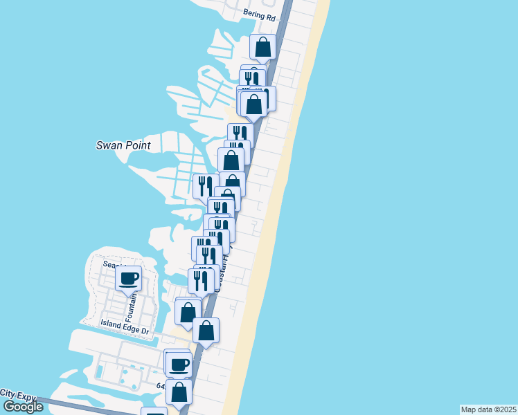 map of restaurants, bars, coffee shops, grocery stores, and more near 8 75th Street in Ocean City