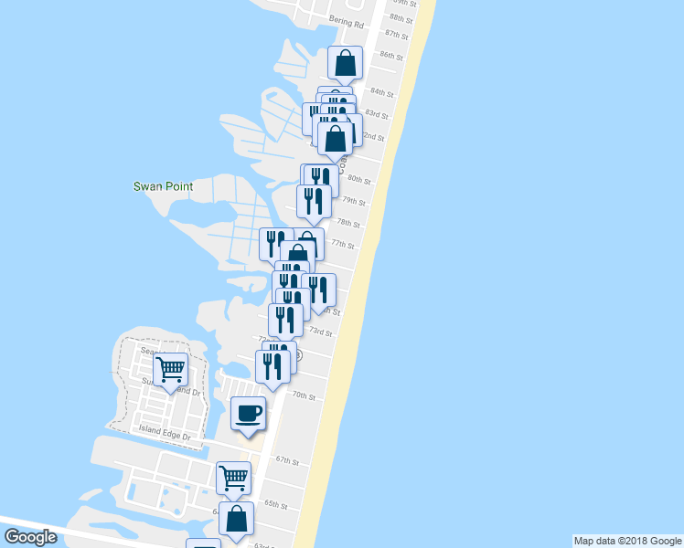 map of restaurants, bars, coffee shops, grocery stores, and more near 8 75th Street in Ocean City