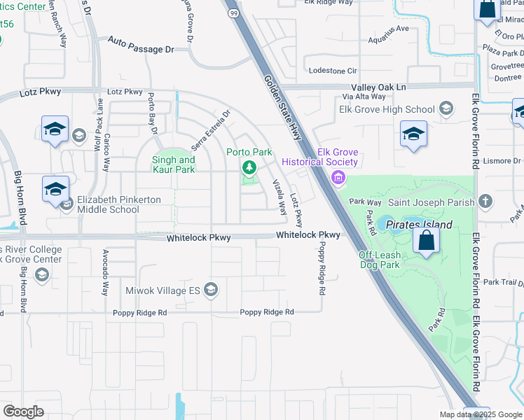 map of restaurants, bars, coffee shops, grocery stores, and more near Mirandela Way in Elk Grove