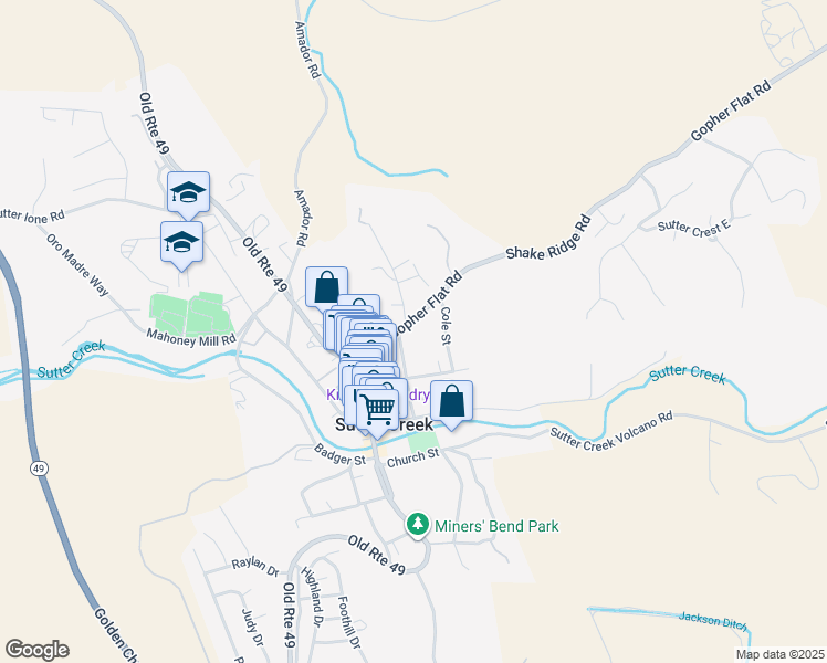 map of restaurants, bars, coffee shops, grocery stores, and more near 110 Broad Street in Sutter Creek