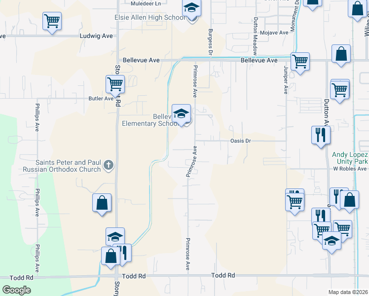 map of restaurants, bars, coffee shops, grocery stores, and more near 3315 Primrose Court in Santa Rosa