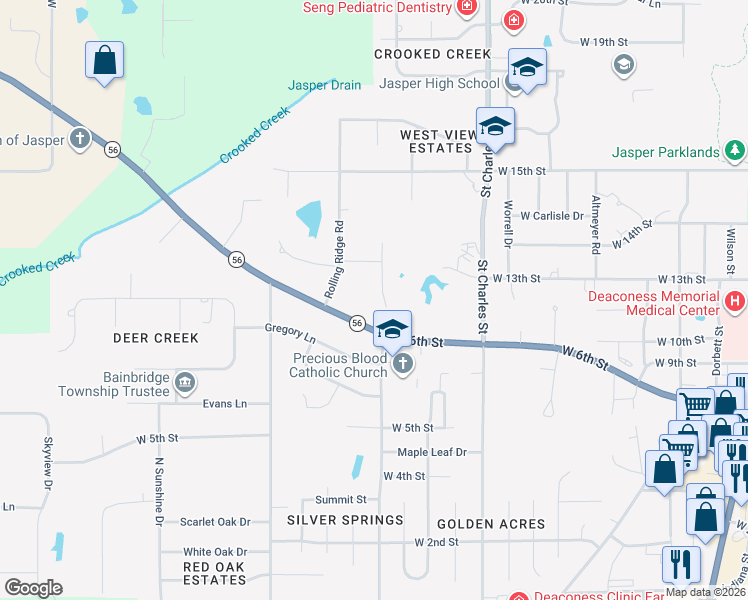 map of restaurants, bars, coffee shops, grocery stores, and more near 11 Rolling Ridge Court in Jasper