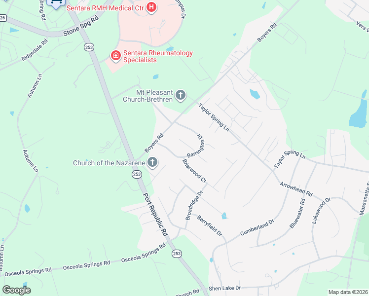 map of restaurants, bars, coffee shops, grocery stores, and more near 3215 Barrington Drive in Harrisonburg