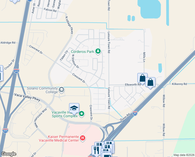 map of restaurants, bars, coffee shops, grocery stores, and more near 1052 Parkside Drive in Vacaville
