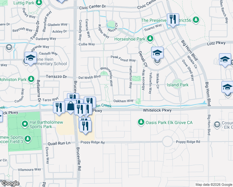 map of restaurants, bars, coffee shops, grocery stores, and more near 7816 Barnsley Way in Elk Grove