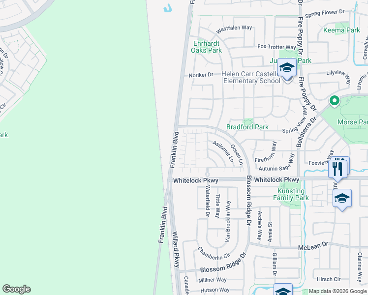 map of restaurants, bars, coffee shops, grocery stores, and more near 9978 Del Surf Lane in Elk Grove