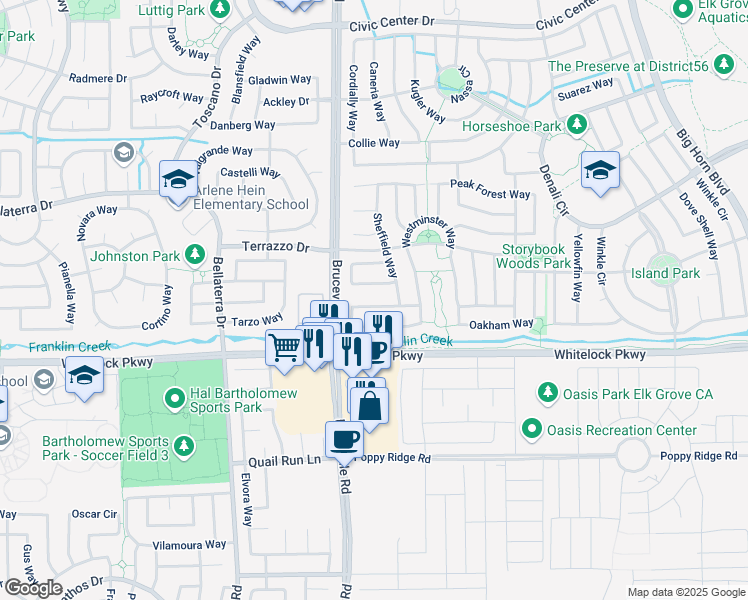 map of restaurants, bars, coffee shops, grocery stores, and more near 7441 Chatsworth Circle in Elk Grove