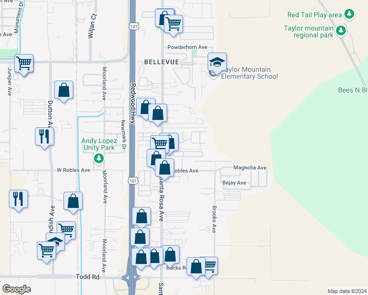 map of restaurants, bars, coffee shops, grocery stores, and more near 157 Plaza Drive in Santa Rosa