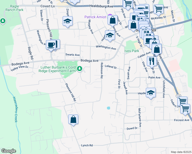 map of restaurants, bars, coffee shops, grocery stores, and more near 672 Robinson Road in Sebastopol