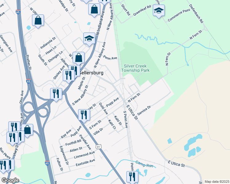 map of restaurants, bars, coffee shops, grocery stores, and more near 119 Broadway Street in Sellersburg
