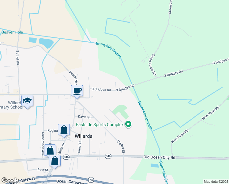 map of restaurants, bars, coffee shops, grocery stores, and more near 36569 3 Bridges Road in Willards