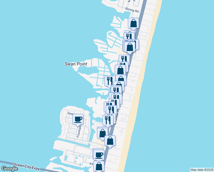 map of restaurants, bars, coffee shops, grocery stores, and more near 115 75th Street in Ocean City