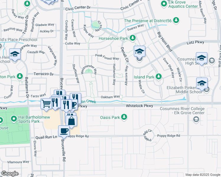 map of restaurants, bars, coffee shops, grocery stores, and more near 9963 Caldon Way in Elk Grove