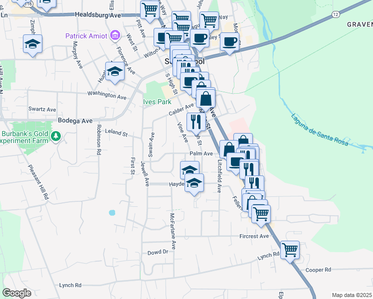 map of restaurants, bars, coffee shops, grocery stores, and more near 736 Eastside Avenue in Sebastopol