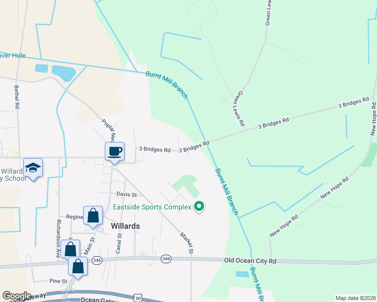 map of restaurants, bars, coffee shops, grocery stores, and more near 36569 3 Bridges Road in Willards