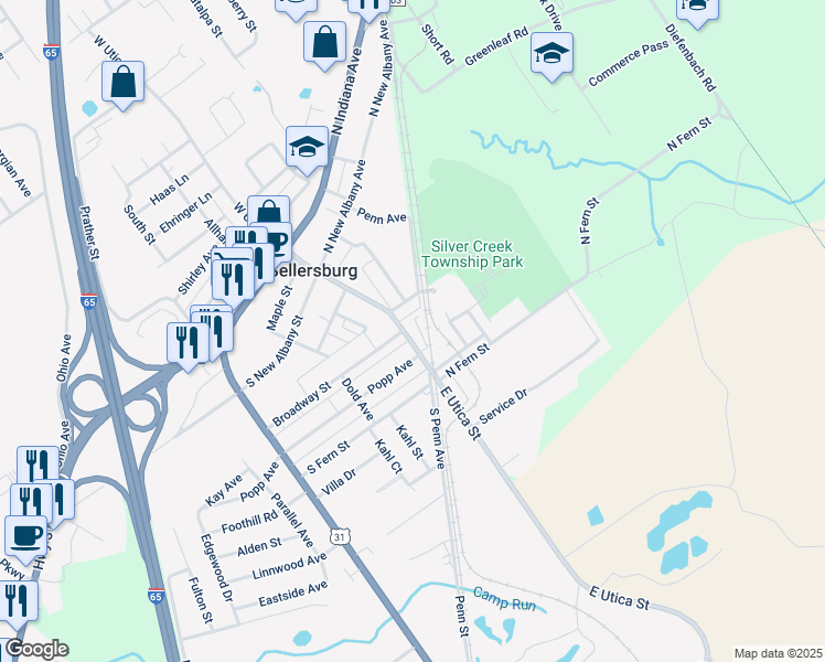 map of restaurants, bars, coffee shops, grocery stores, and more near 609 East Utica Street in Sellersburg