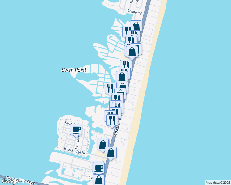 map of restaurants, bars, coffee shops, grocery stores, and more near 202 76th Street in Ocean City