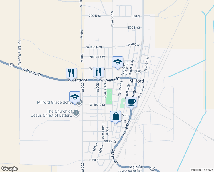 map of restaurants, bars, coffee shops, grocery stores, and more near 65 South 400 West Street in Milford