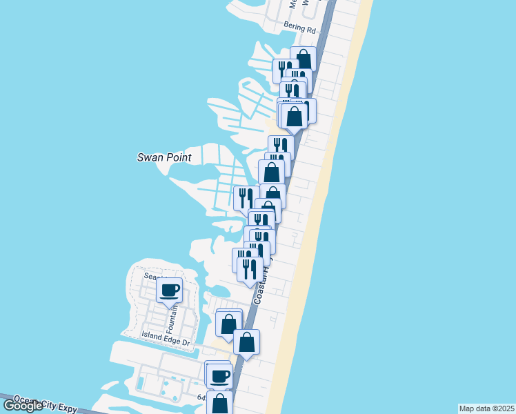 map of restaurants, bars, coffee shops, grocery stores, and more near 202 76th Street in Ocean City