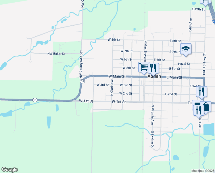 map of restaurants, bars, coffee shops, grocery stores, and more near 307 West Main Street in Adrian