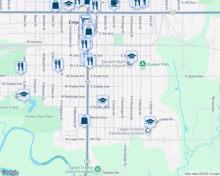 map of restaurants, bars, coffee shops, grocery stores, and more near 17 S Union St in Emporia