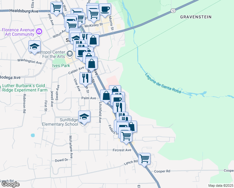 map of restaurants, bars, coffee shops, grocery stores, and more near 6700 Palm Ave in Sebastopol