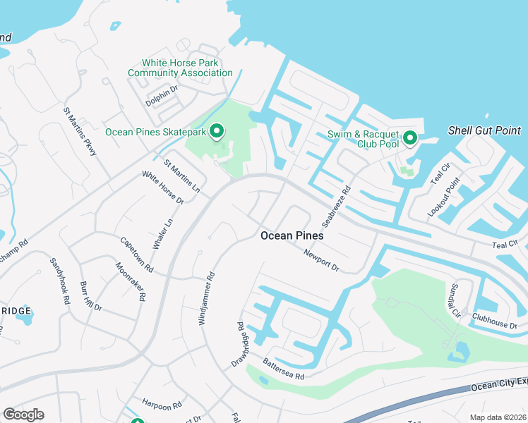 map of restaurants, bars, coffee shops, grocery stores, and more near 46 Windjammer Road in Ocean Pines