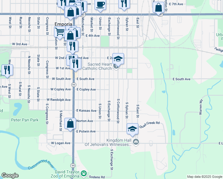 map of restaurants, bars, coffee shops, grocery stores, and more near 15 South Cottonwood Street in Emporia