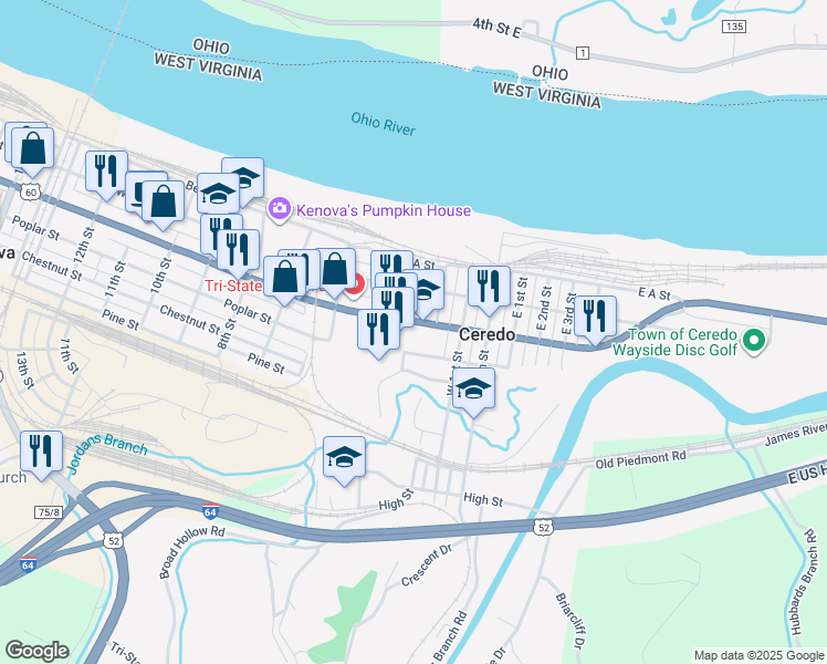 map of restaurants, bars, coffee shops, grocery stores, and more near 371 C Street in Ceredo