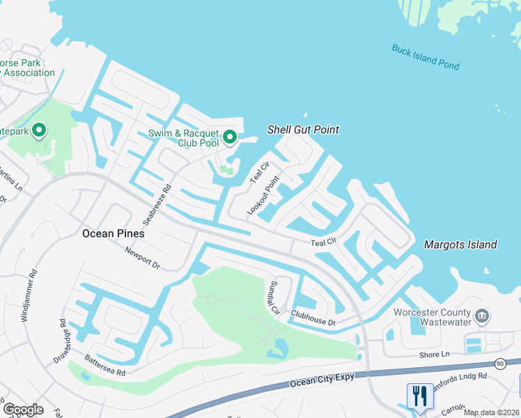 map of restaurants, bars, coffee shops, grocery stores, and more near 11 Lookout Point in Ocean Pines