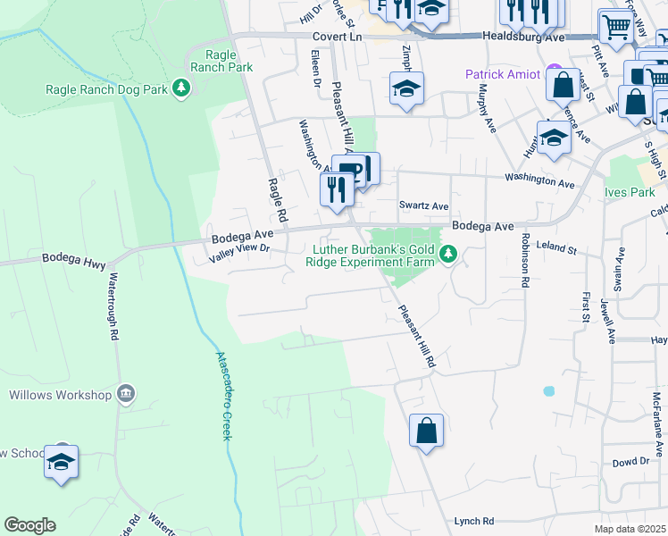 map of restaurants, bars, coffee shops, grocery stores, and more near 171 West Hills Circle in Sebastopol
