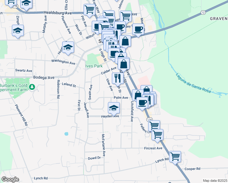 map of restaurants, bars, coffee shops, grocery stores, and more near 7215 Maple Avenue in Sebastopol