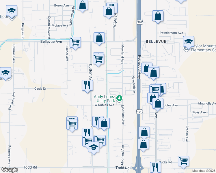map of restaurants, bars, coffee shops, grocery stores, and more near 196 Winston Drive in Santa Rosa