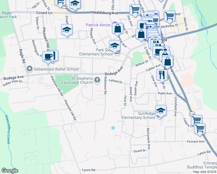 map of restaurants, bars, coffee shops, grocery stores, and more near 32003 Robinson Road in Sebastopol