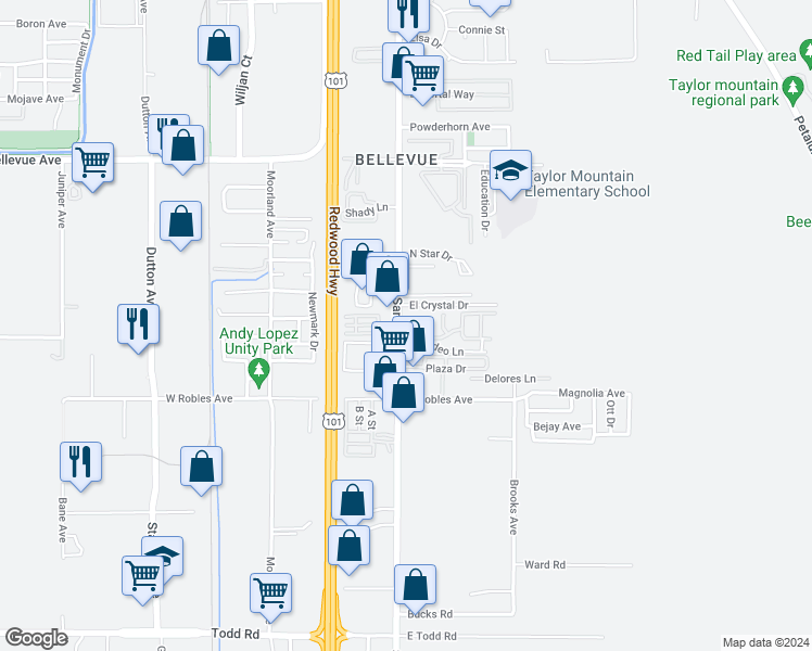 map of restaurants, bars, coffee shops, grocery stores, and more near 3301 Santa Rosa Avenue in Santa Rosa