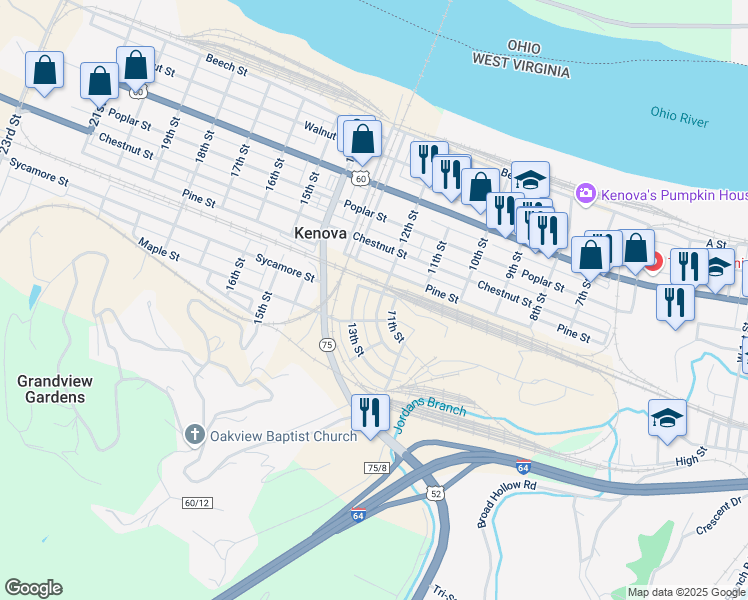 map of restaurants, bars, coffee shops, grocery stores, and more near 700 13th Street in Kenova