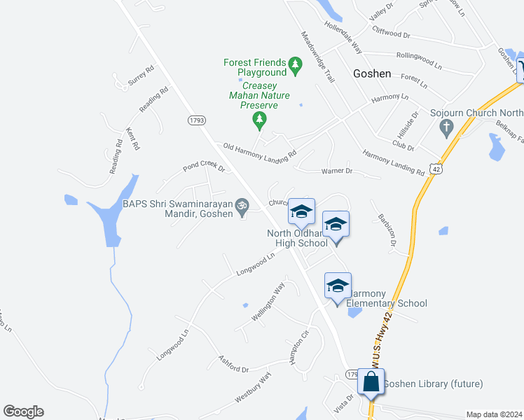 map of restaurants, bars, coffee shops, grocery stores, and more near North State Highway 1793 in Goshen