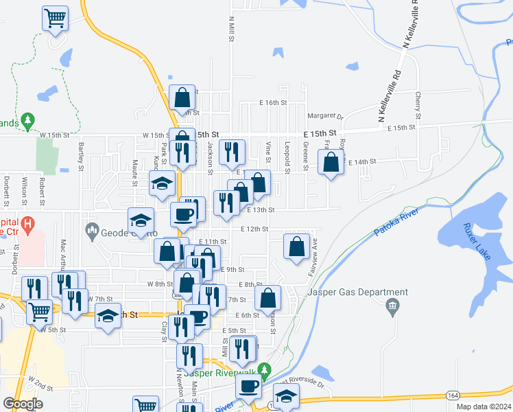 map of restaurants, bars, coffee shops, grocery stores, and more near 1300 Dewey Street in Jasper