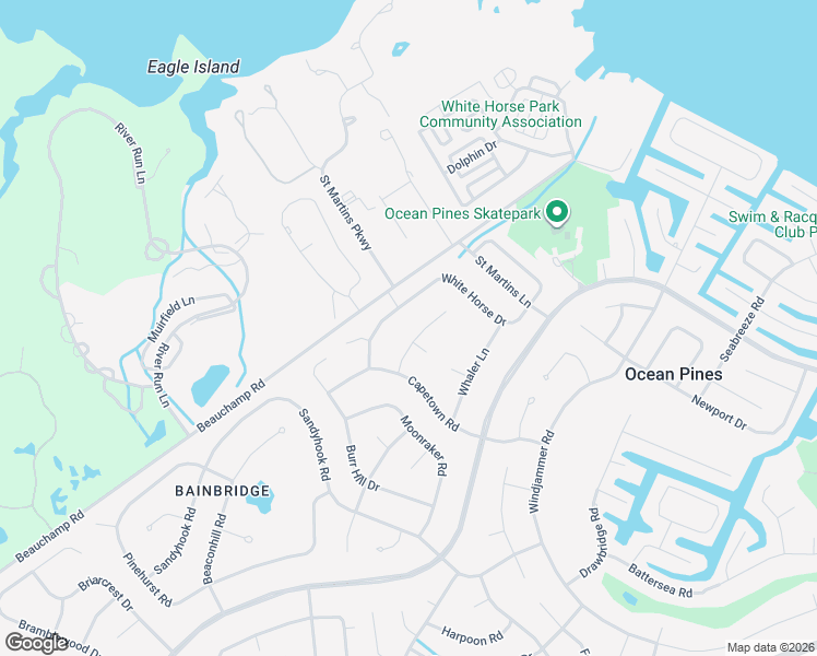 map of restaurants, bars, coffee shops, grocery stores, and more near 99 White Horse Drive in Ocean Pines