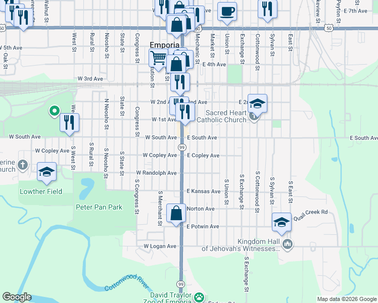 map of restaurants, bars, coffee shops, grocery stores, and more near 18 South Commercial Street in Emporia