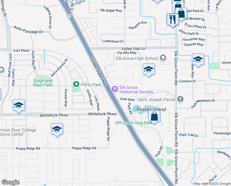 map of restaurants, bars, coffee shops, grocery stores, and more near 9941 East Stockton Boulevard in Elk Grove
