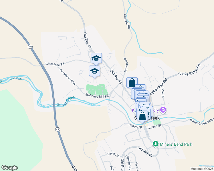 map of restaurants, bars, coffee shops, grocery stores, and more near 255 Spanish Street in Sutter Creek