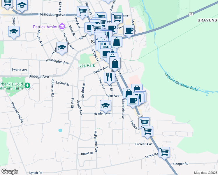 map of restaurants, bars, coffee shops, grocery stores, and more near 7215 Maple Avenue in Sebastopol