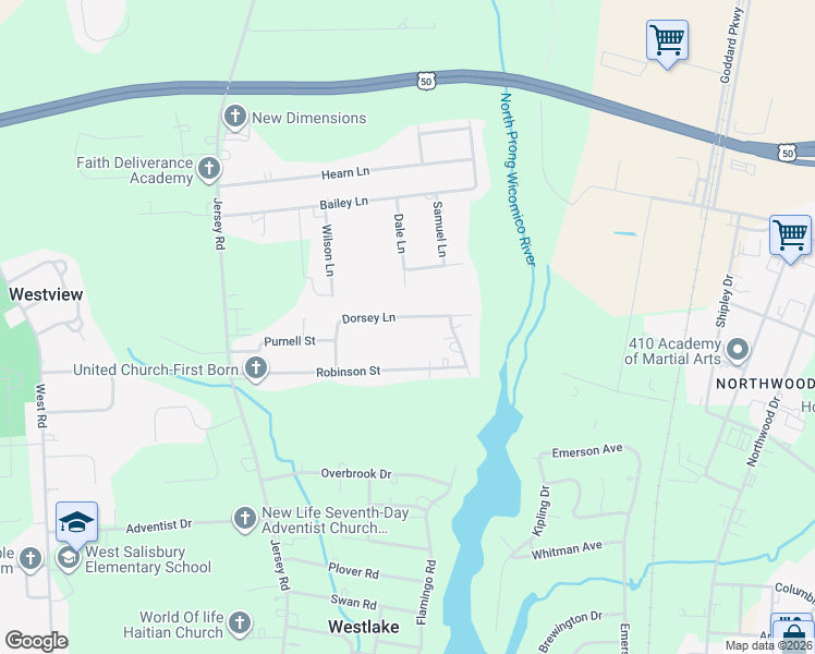 map of restaurants, bars, coffee shops, grocery stores, and more near 414 Dorsey Lane in Salisbury