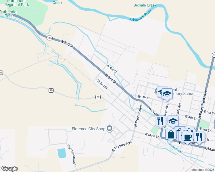 map of restaurants, bars, coffee shops, grocery stores, and more near 1124 W 2nd St in Florence