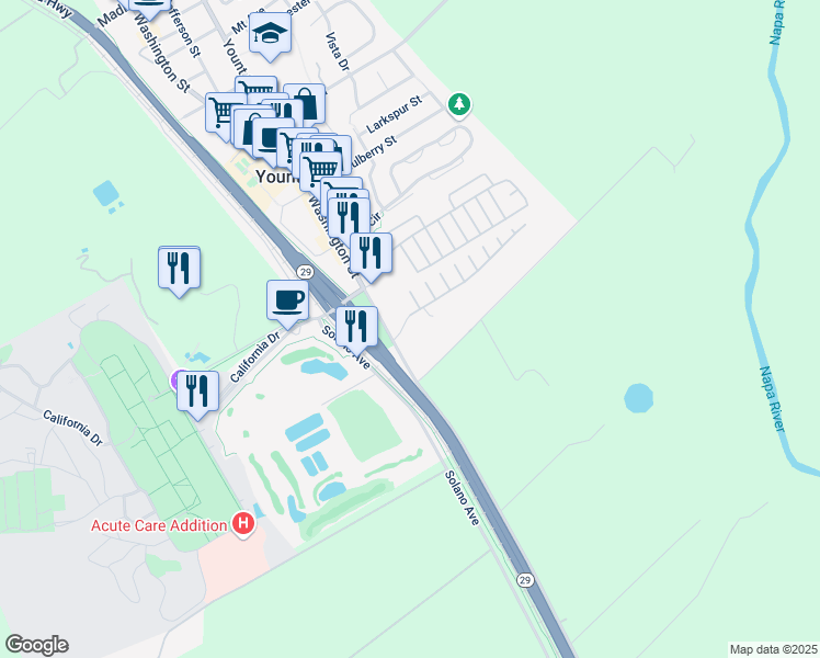 map of restaurants, bars, coffee shops, grocery stores, and more near 6414 Washington Street in Yountville