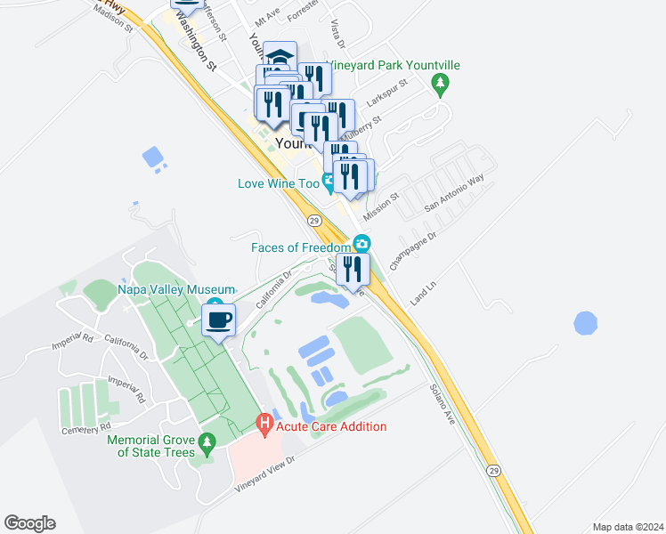 map of restaurants, bars, coffee shops, grocery stores, and more near 6390 Solano Avenue in Napa