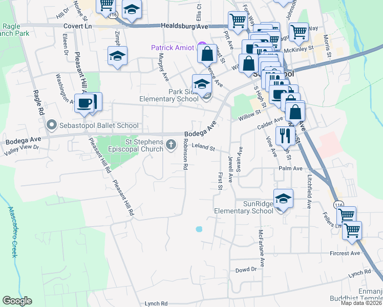 map of restaurants, bars, coffee shops, grocery stores, and more near 32003 Robinson Road in Sebastopol